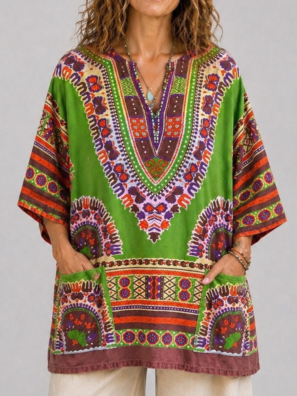 Gypsy Rose Boho Tunic Top Green Print Festival Pocket Cotton